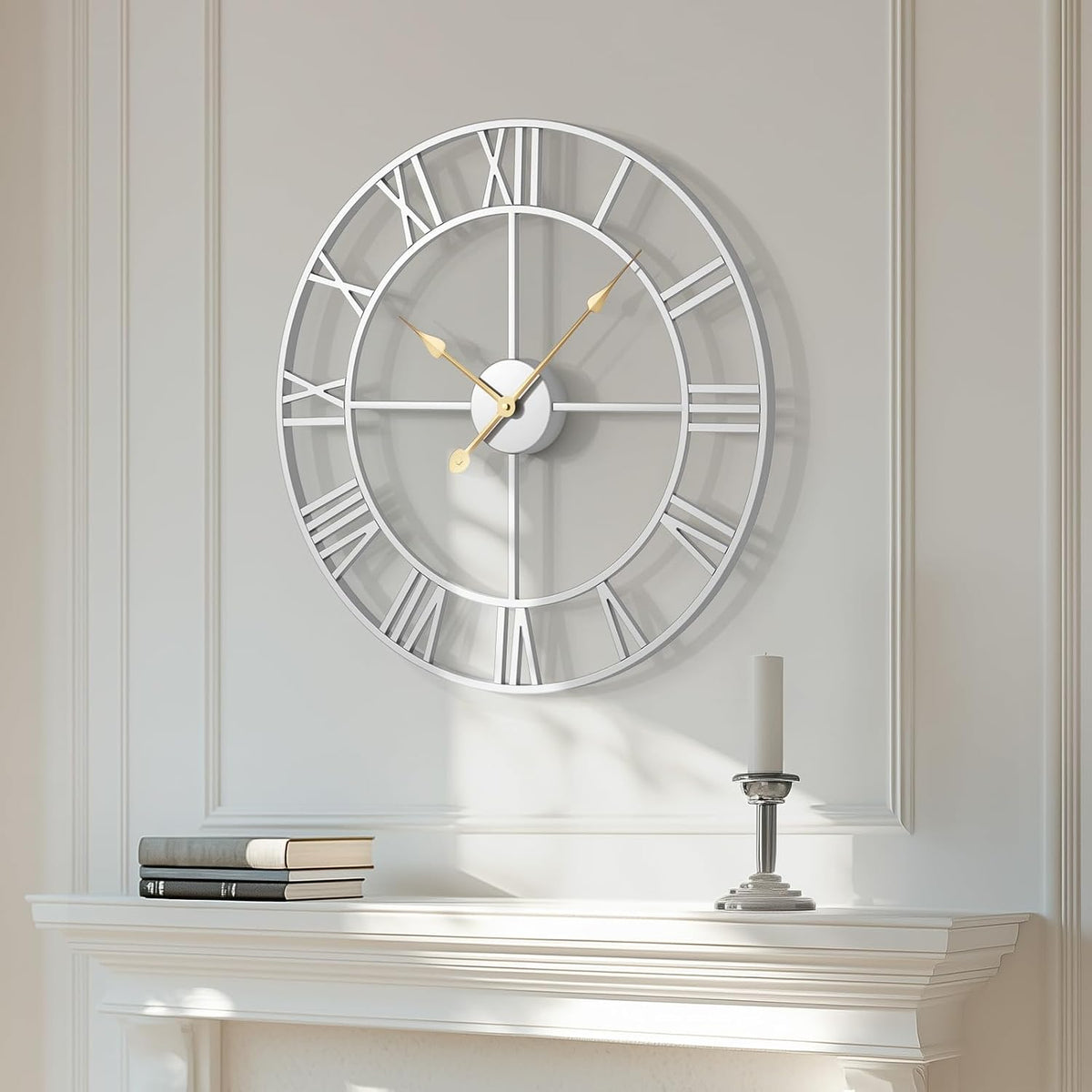 Cuspin 20 Inch Wall Clock Large Silver Decorative Modern Metal Clocks | Battery operated, Silent non ticking, Roman