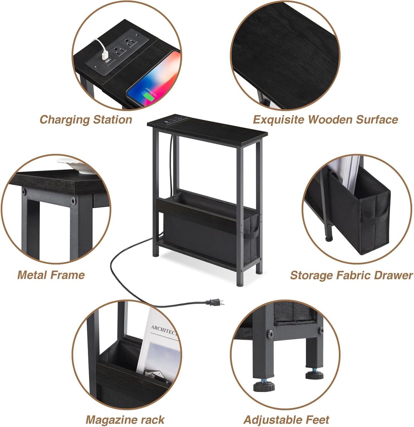 BAMGROW Slim Charging End Table with Storage - for Small Spaces and Bedroom (Black)
