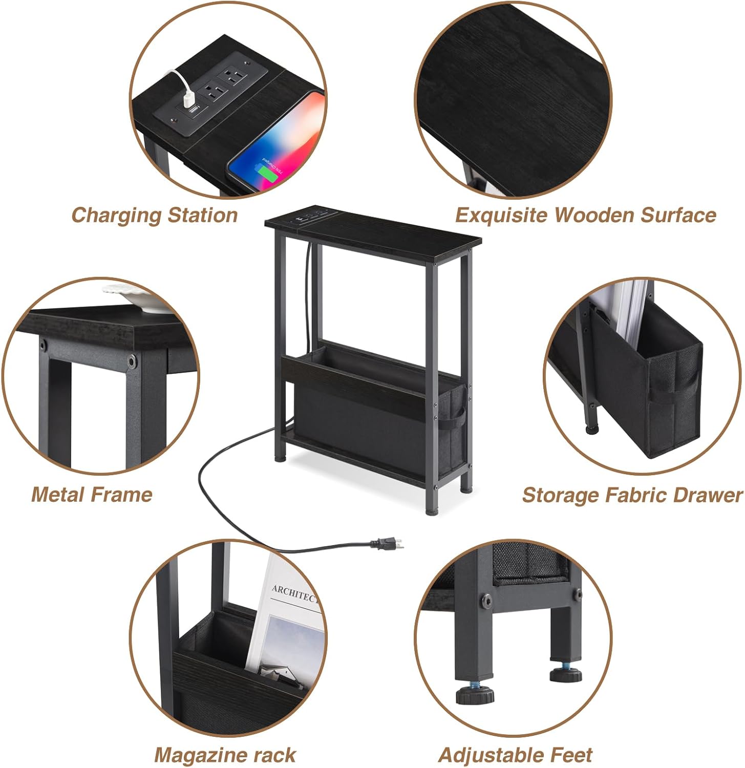 BAMGROW Slim Charging End Table with Storage - for Small Spaces and Bedroom (Black)