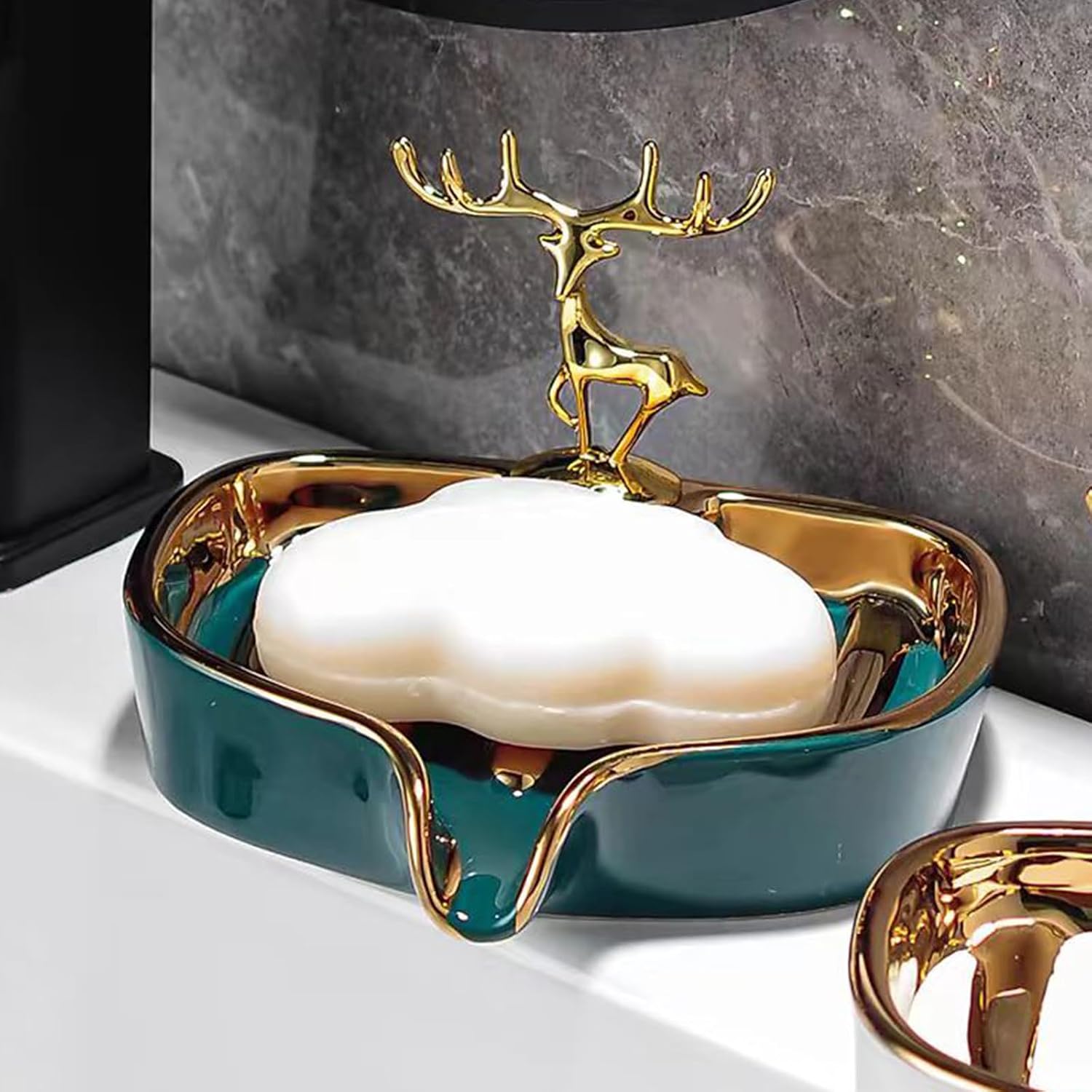 Ceramic Soap Dish Self Draining Soap Holder Tray Easy Cleaning Soap Saver / Green Painted In Gold