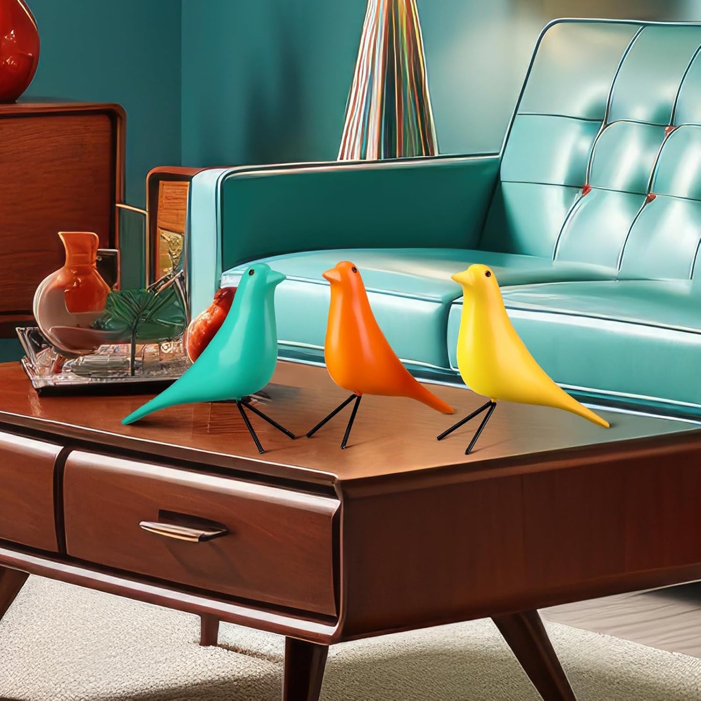 Mid Century Modern Decor Medieval Table Decor Large Ceramic Birds / Old School / Orange / Set of 3
