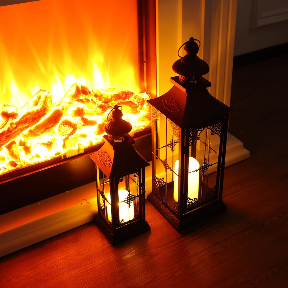 LED Lanterns Decorative Outdoor&Indoor, 23'' 16‘’ Large Black Lanterns with 2 Flameless Candles, Metal Holders for