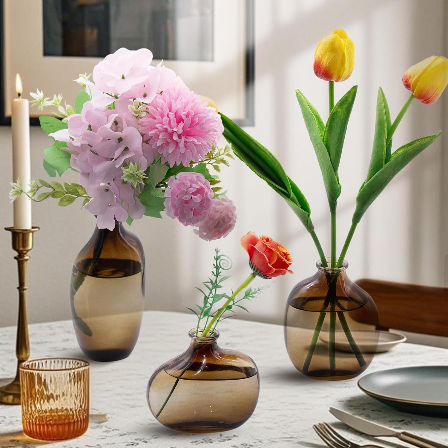 Glass Bud Vases / Amber / Set of 3