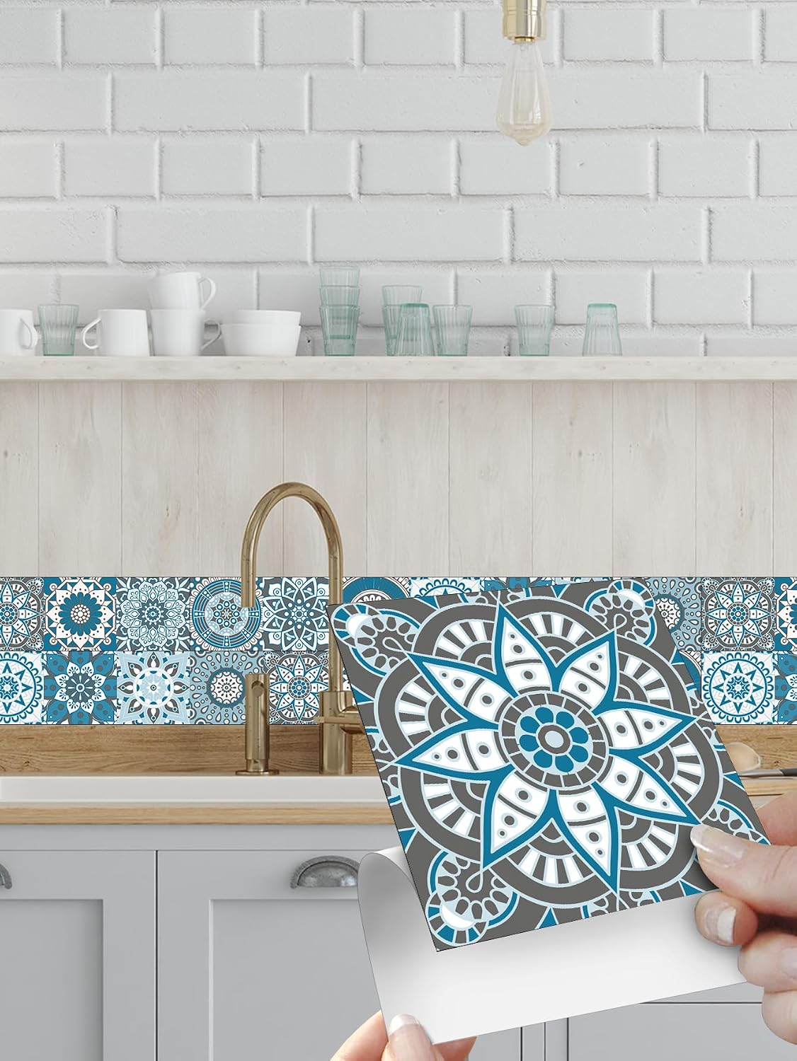 Decorative Vinyl Talavera Art Wall Tile / 6 x 6 / Cyan Mandala
