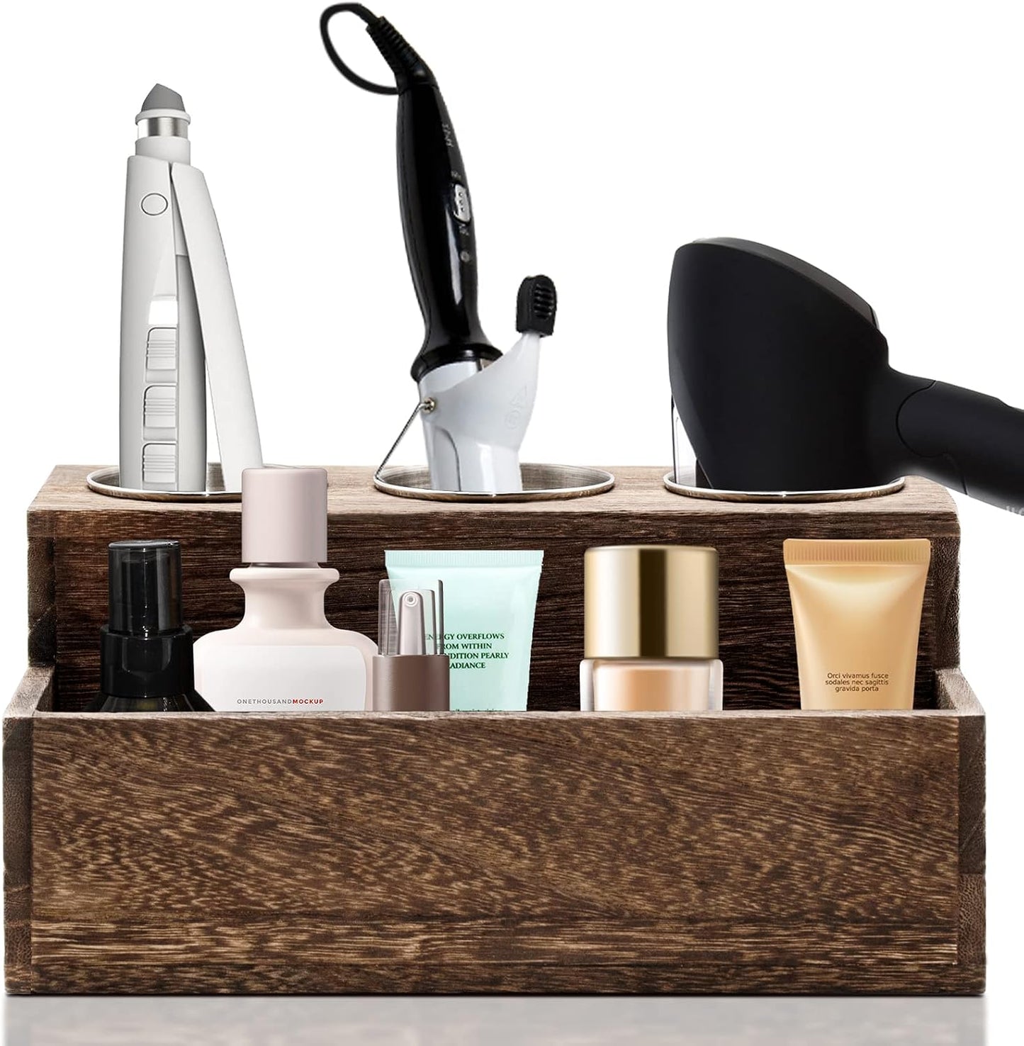 Wooden Hair Dryer Holder - Rustic Hair Tools Organizer with 3 Circular Holes and 1 Compartment, Wooden Hair Accessories