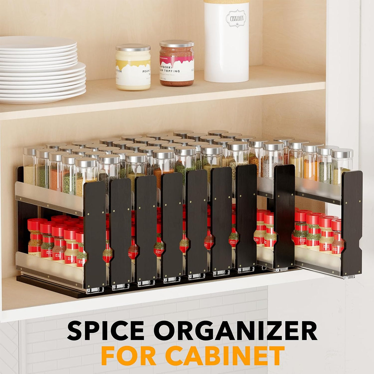 SpaceAid Bamboo Pull Out Spice Rack Organizer for Cabinet, Heavy Duty Slide Out Seasoning Kitchen Pantry Sliding