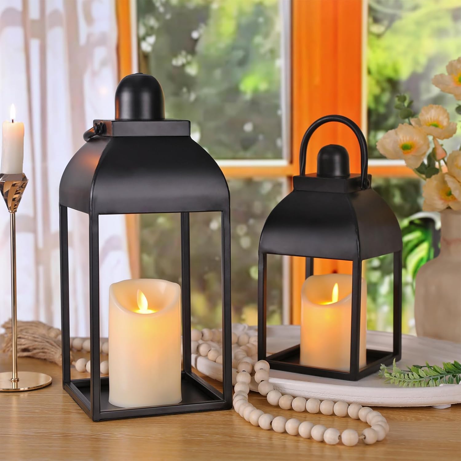 Lanterns Decorative Indoor 15" 11" Set of 2 Black Metal Lantern with Candle | Glass-free Decorative Lanterns with
