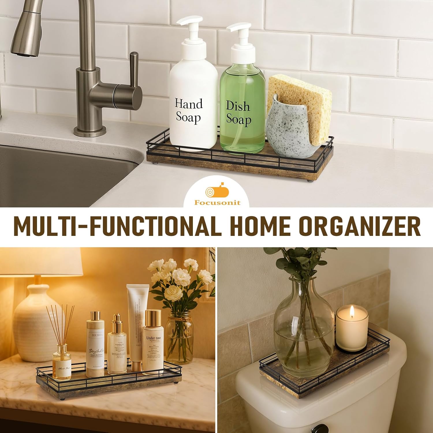 Wood Toilet Tank Tray / 12 x 6 x 1.5 / Rustic Brown