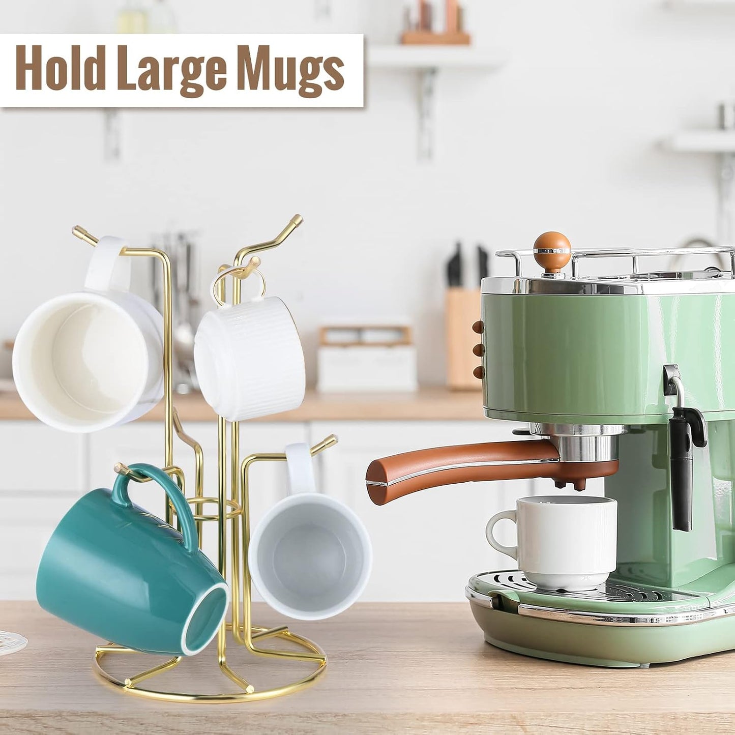 HULISEN Mug Tree for Large Cups, 6 Hook Countertop Coffee Mug Holder, Gold | Cup Rack for Counter, Stable Wide Base