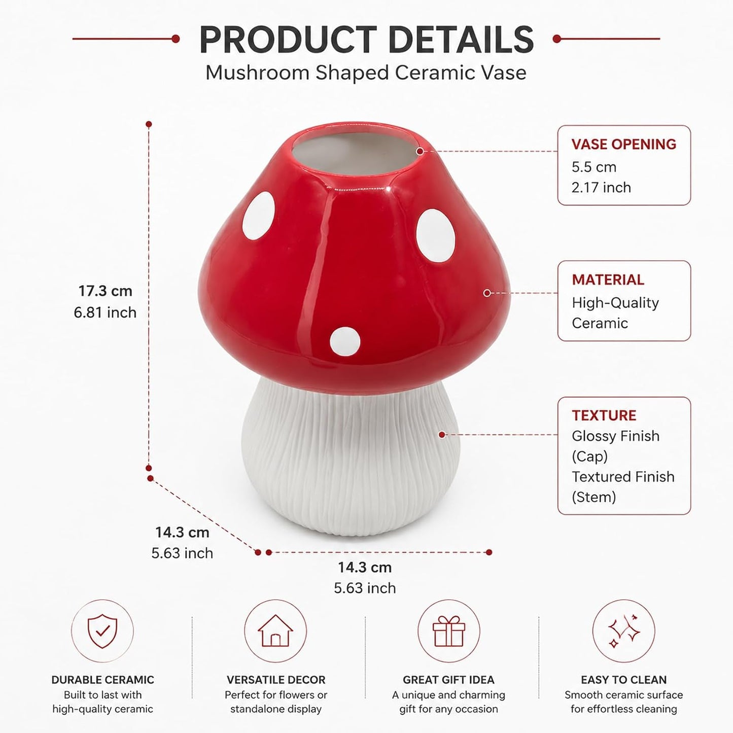Mushroom Ceramic Flower Vase / Red&white - H6.8