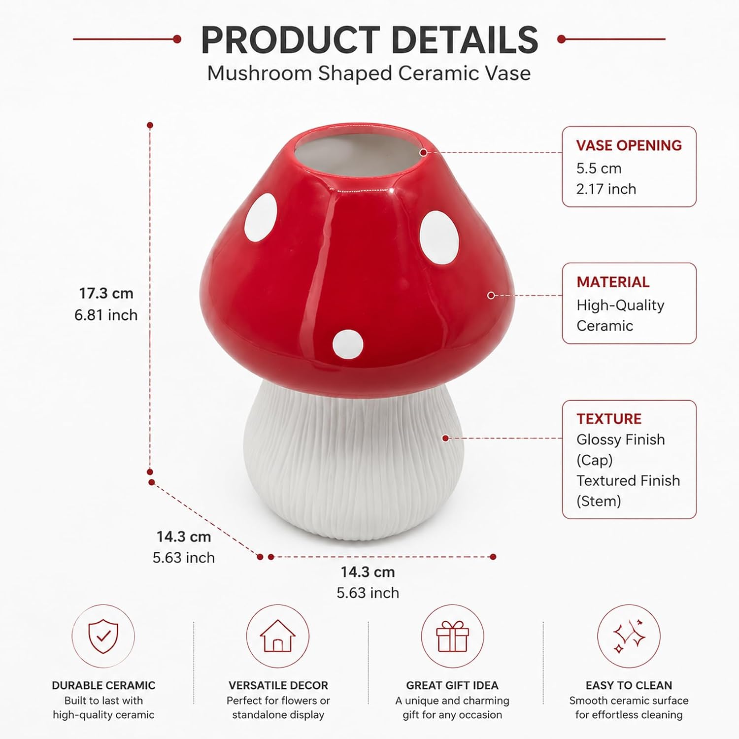 Mushroom Ceramic Flower Vase / Red&white - H6.8