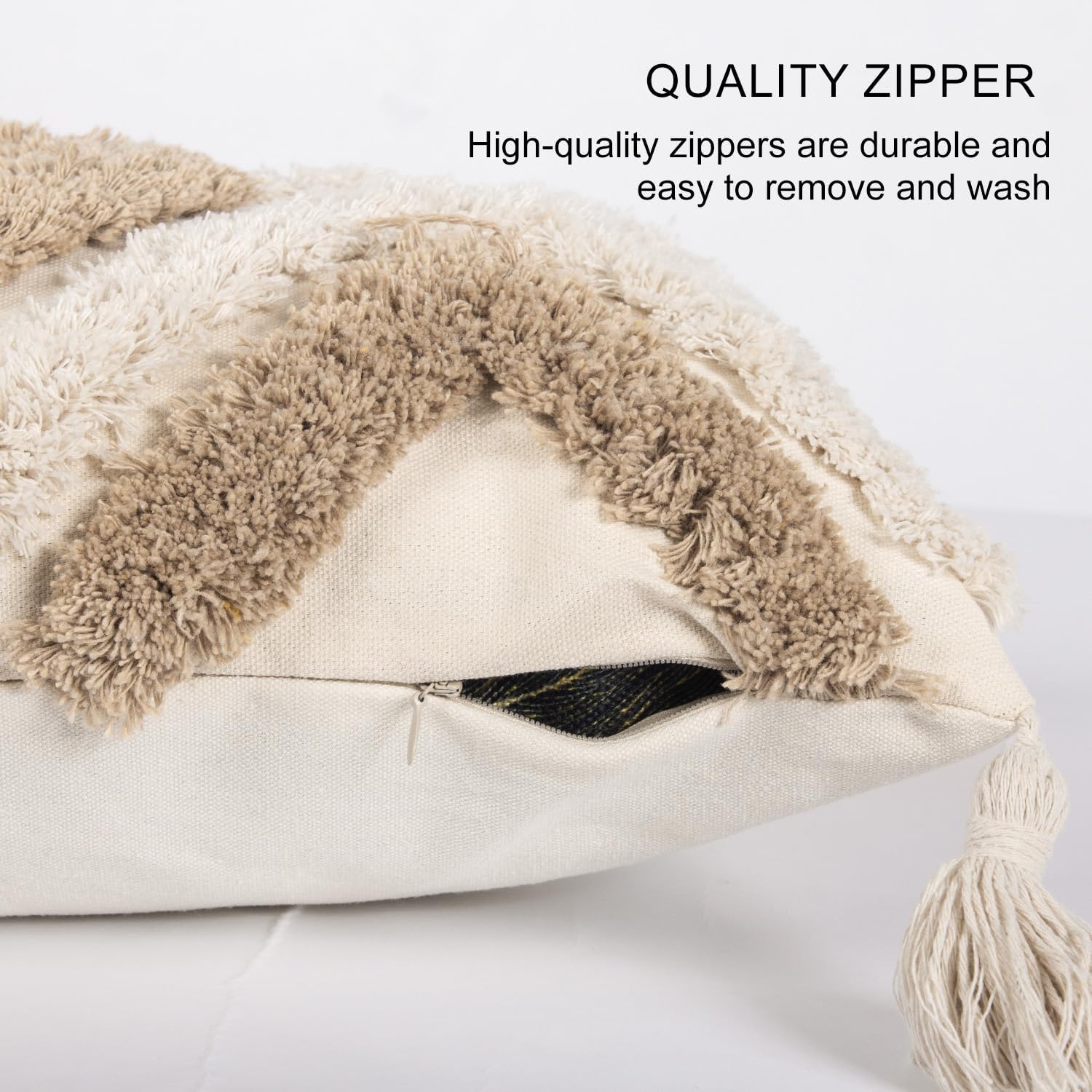 Boho Tufted Lumbar Throw Pillow Cover / Khaki / 12 x 20