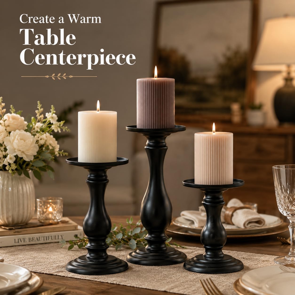 Matte Black Pillar Candle Holders Set of 3-10", 8", 6”H Candlestick Candle Holders Stand, Home Coffee Table Decor