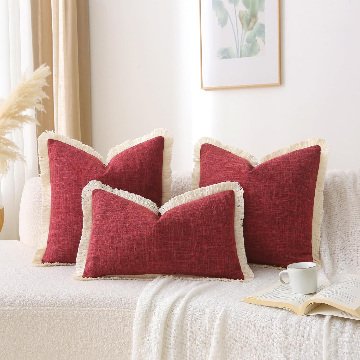 Rectangle Christmas Boho Decorative Throw Pillow Covers / Burgundy / 20 x 12