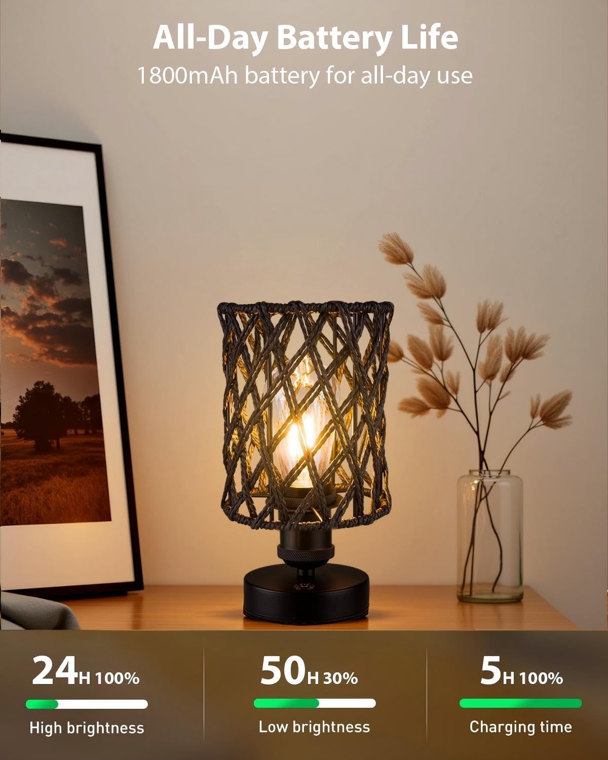 Cordless Outdoor Table Lamps, Small Rattan Boho, Rechargeable Battery Operated for Outdoor Patio, Home, Living Room