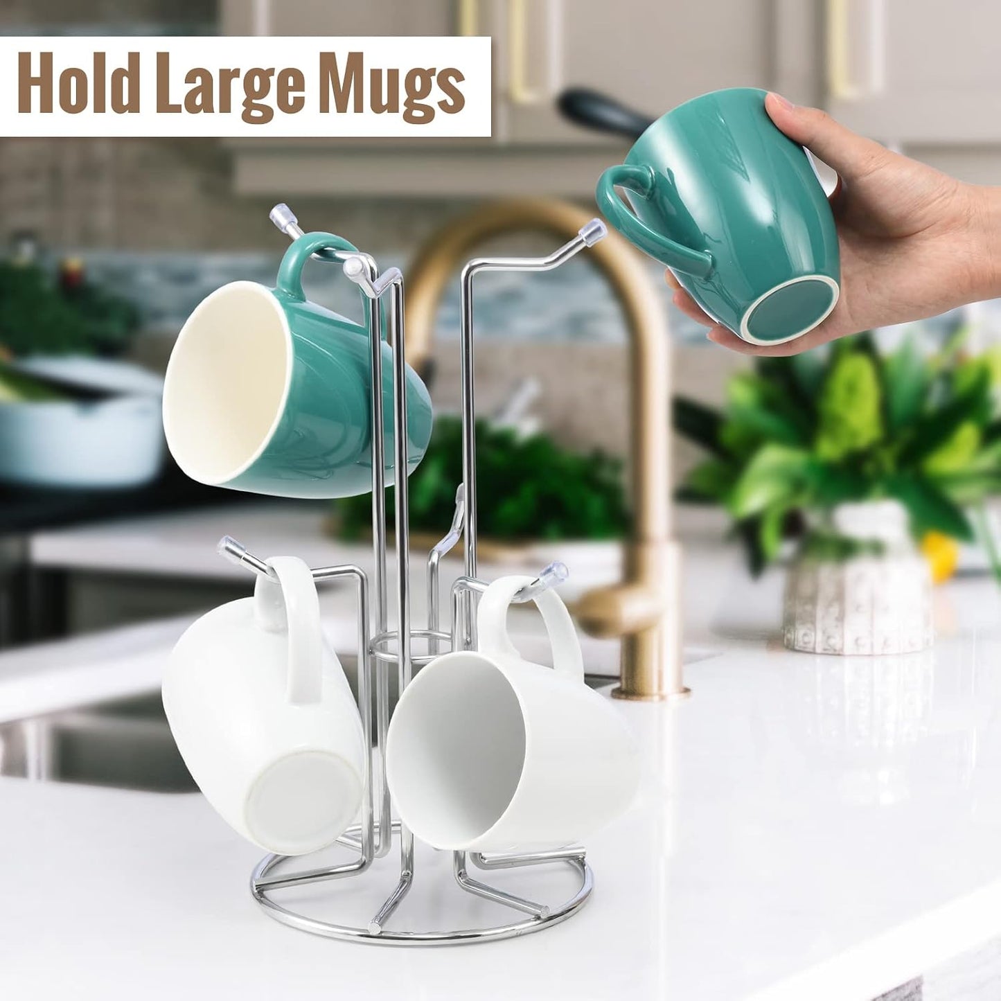 HULISEN Mug Tree for Large Cup, 6 Hook Countertop Coffee Mug Holder, Silver | Cup Rack for Counter, Stable Wide Base