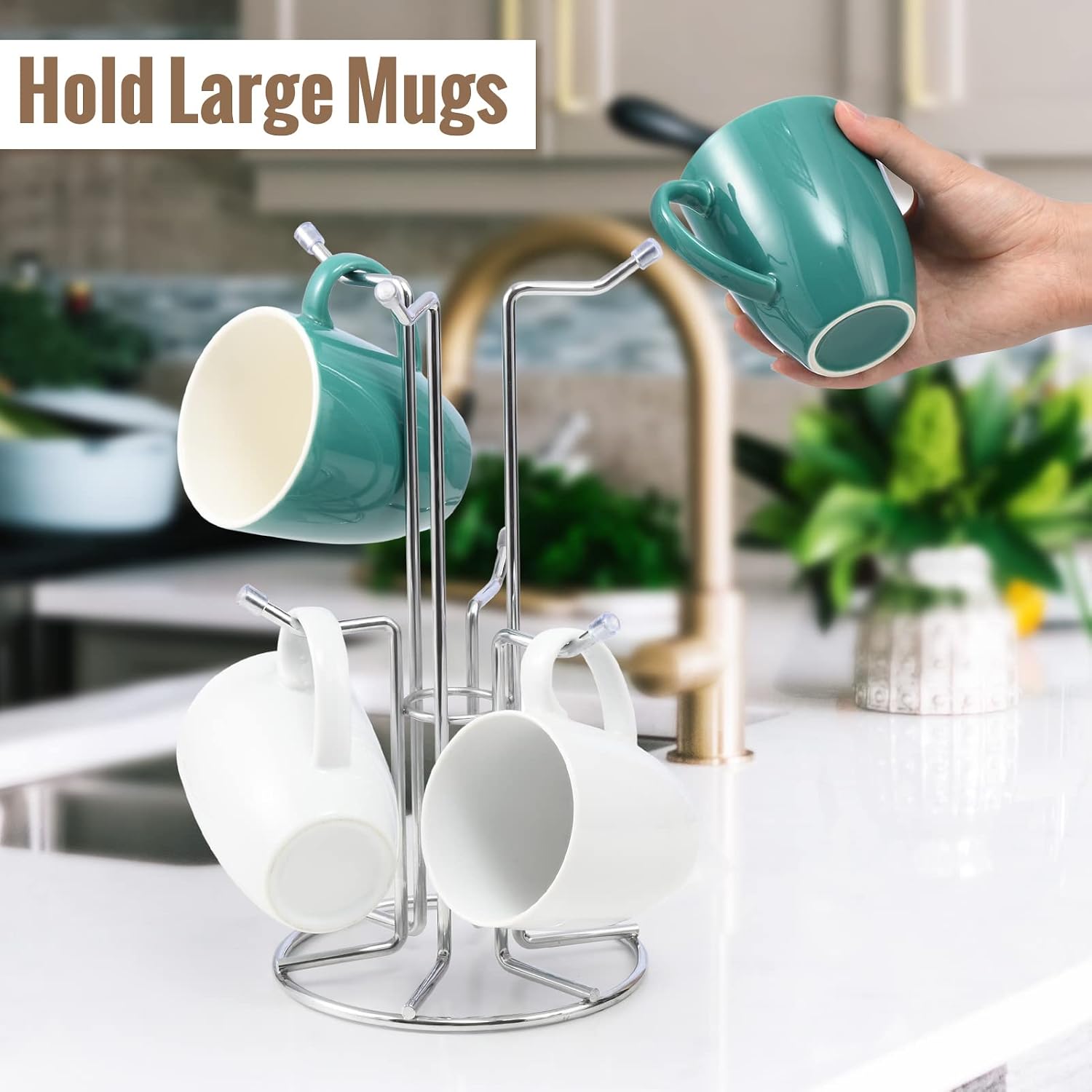 HULISEN Mug Tree for Large Cup, 6 Hook Countertop Coffee Mug Holder, Silver | Cup Rack for Counter, Stable Wide Base