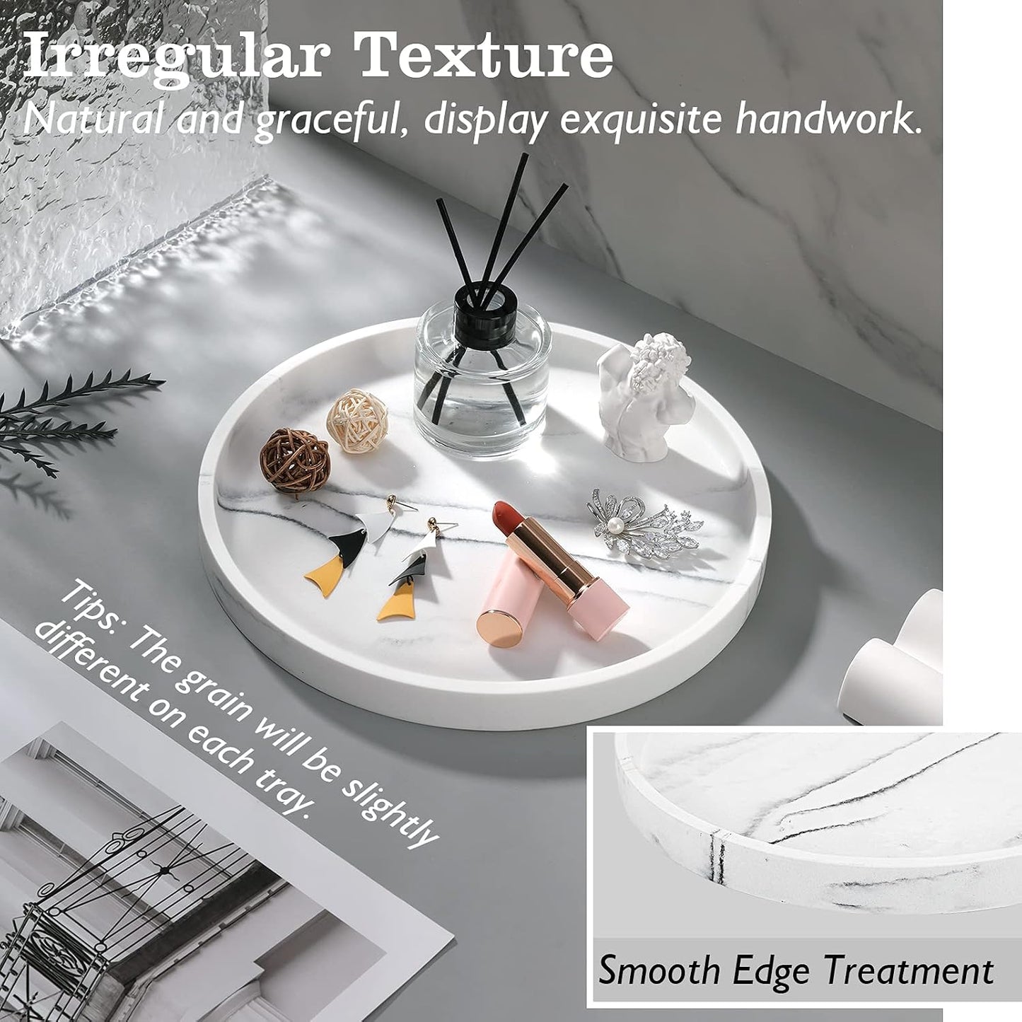Vanity Tray / Resin Round Tray Decorative Storage Organizer / Round Gravel White