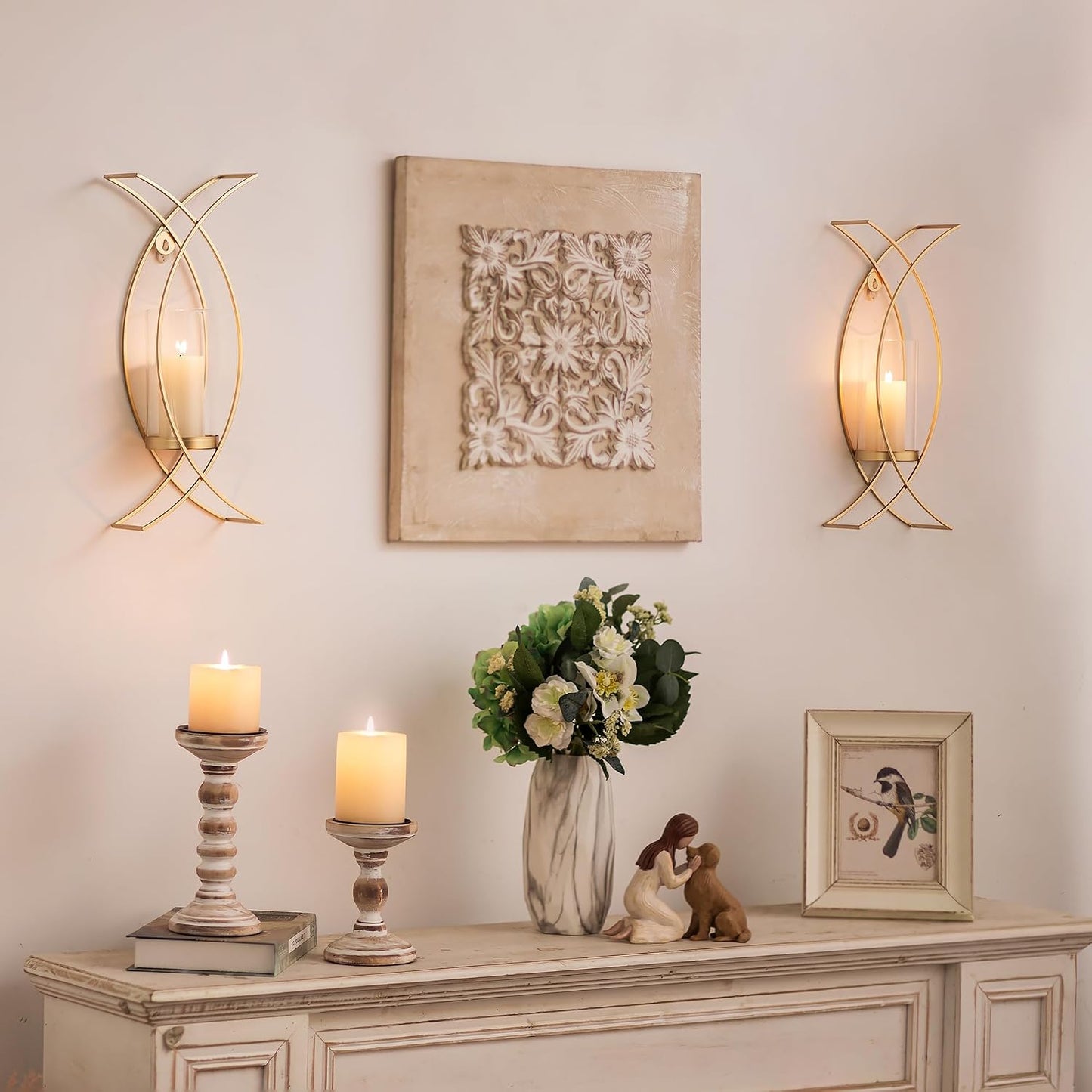Gold Metal Wall Candle Sconces Set of 2 with Glass Hurricanes | Wall Candle Holder for Pillar, 15 Inch Tray, Flameless