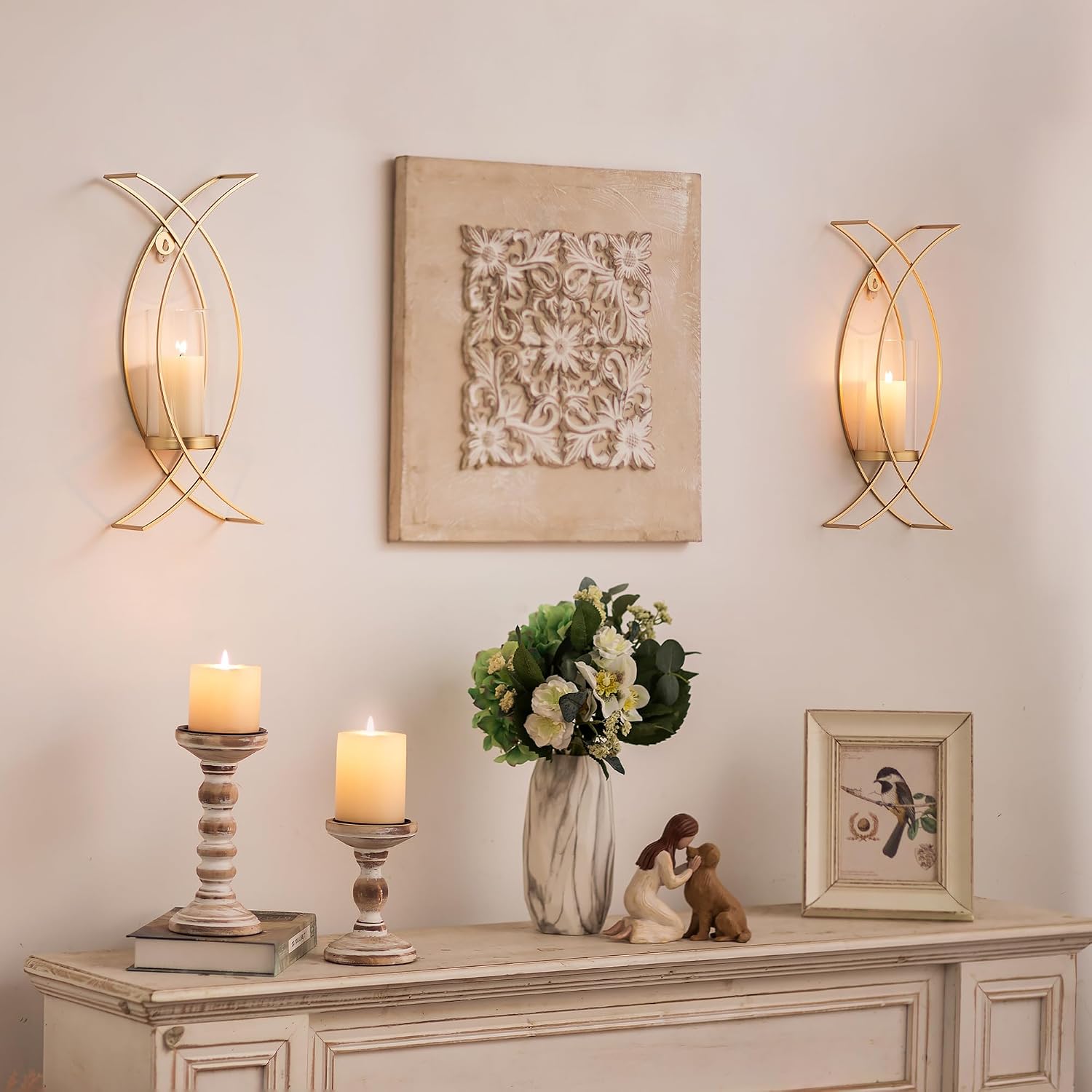 Gold Metal Wall Candle Sconces Set of 2 with Glass Hurricanes | Wall Candle Holder for Pillar, 15 Inch Tray, Flameless