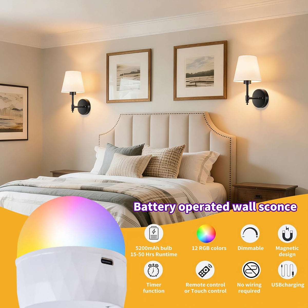 Battery Operated Wall Sconce Set of 2, Rechargeable Wireless Wall Lights | with 5200mAh Dimmable Bulb with Remote,15