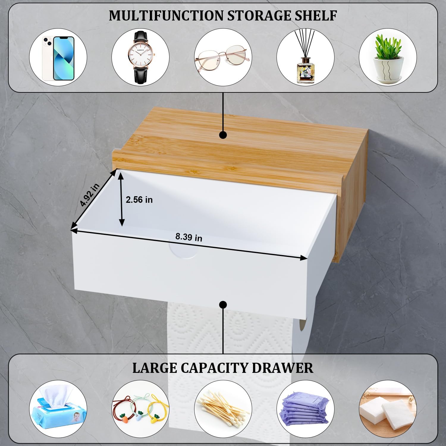 Domax Toilet Paper Holder with Shelf,Wall Mount/Adhesive Bathroom Toilet Paper Holder,Bamboo Wood Tissue Toilet Roll