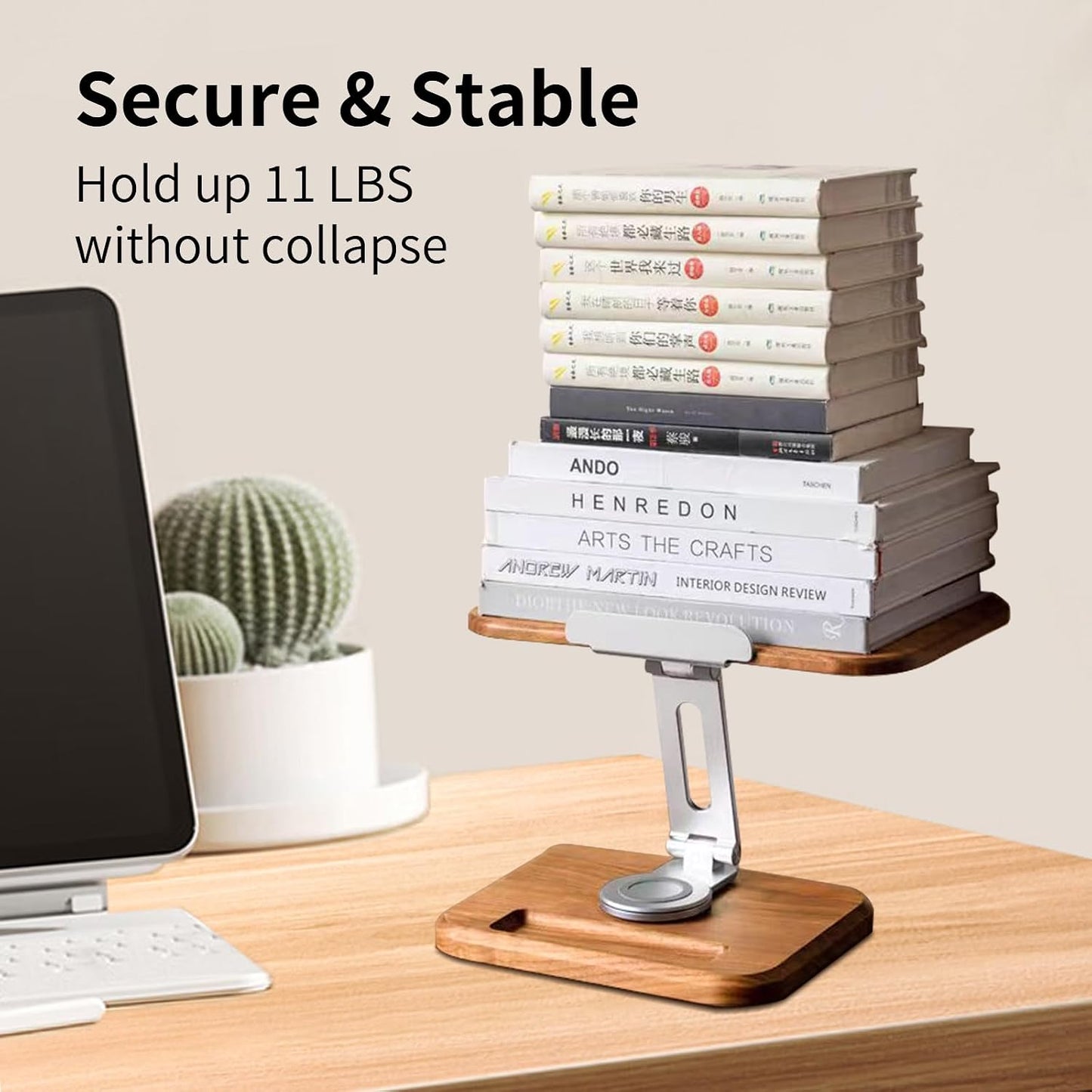 Book Stand for Reading, Mayhas Adjustable Book Holder with 360° Swivel Base&Page Clips, Foldable Desktop Stand for