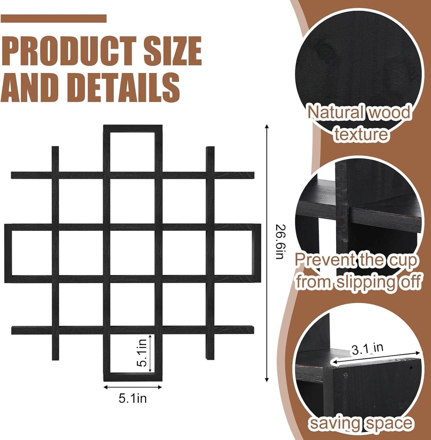 Suzile Mug Display Shelf Wall Mounted,Grid Size 5.1x5.1x3in,Black | Rustic Wood Floating Shadow Box for Coffee Mugs