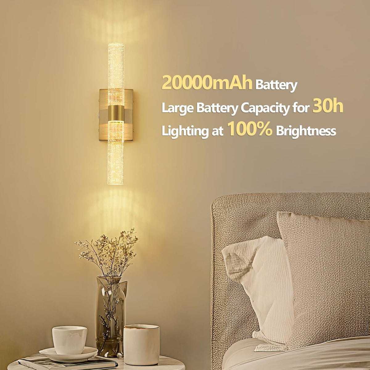 Battery Operated Wall Sconces Set of 2, 20000mAh Rechargeable Wall Light | Remote Control 3000K-6000K Dimmable LED