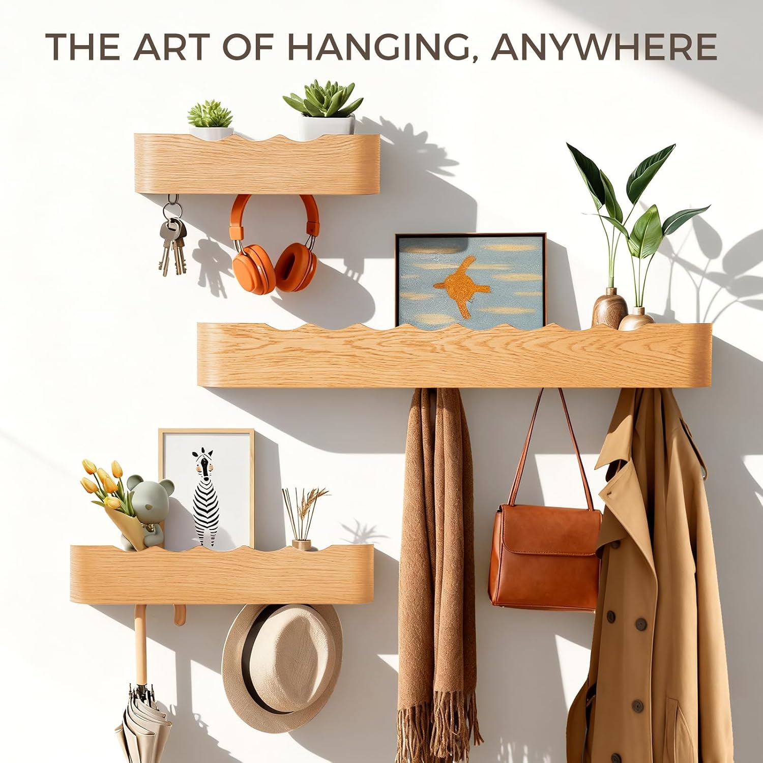 Shelf Entryway Shelf Modern Key Holder Hanger Wall Shelves / Wavy Oak / 5 Hooks