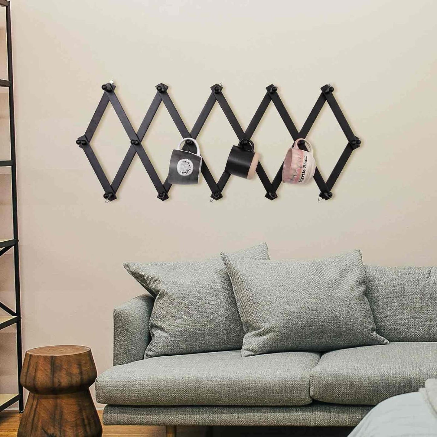 SCUNDA Accordion Wall Hanger with 16 Hooks, Wooden Wall Expandable Coat Rack for Coat, Hats, Baseball Caps, Coffee Mug