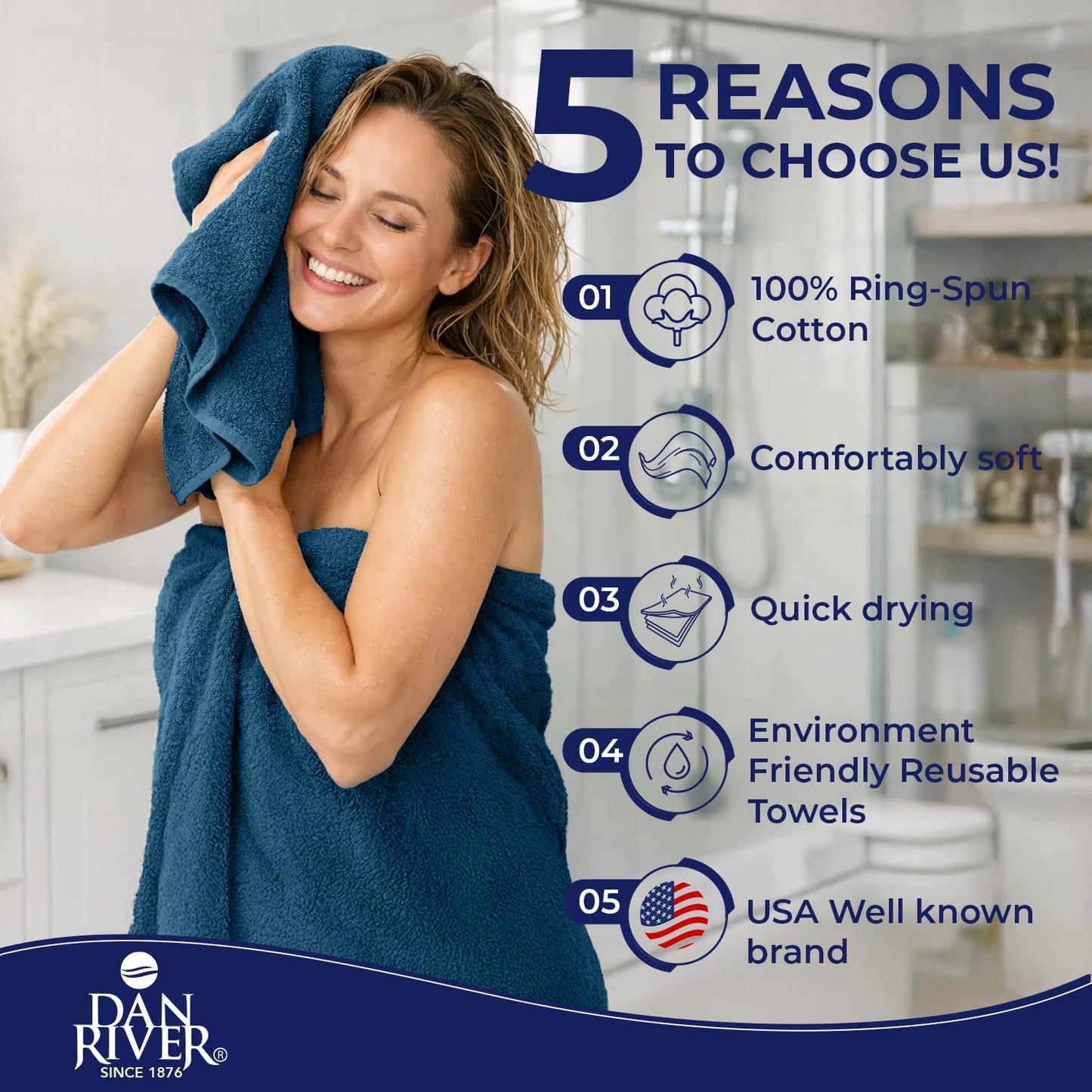 DAN RIVER 8 Piece Luxury Bath Towels for Bathroom, Towel Set, Blue Opal | 2 Bath towels, 2 Hand towels, and 4 Wash