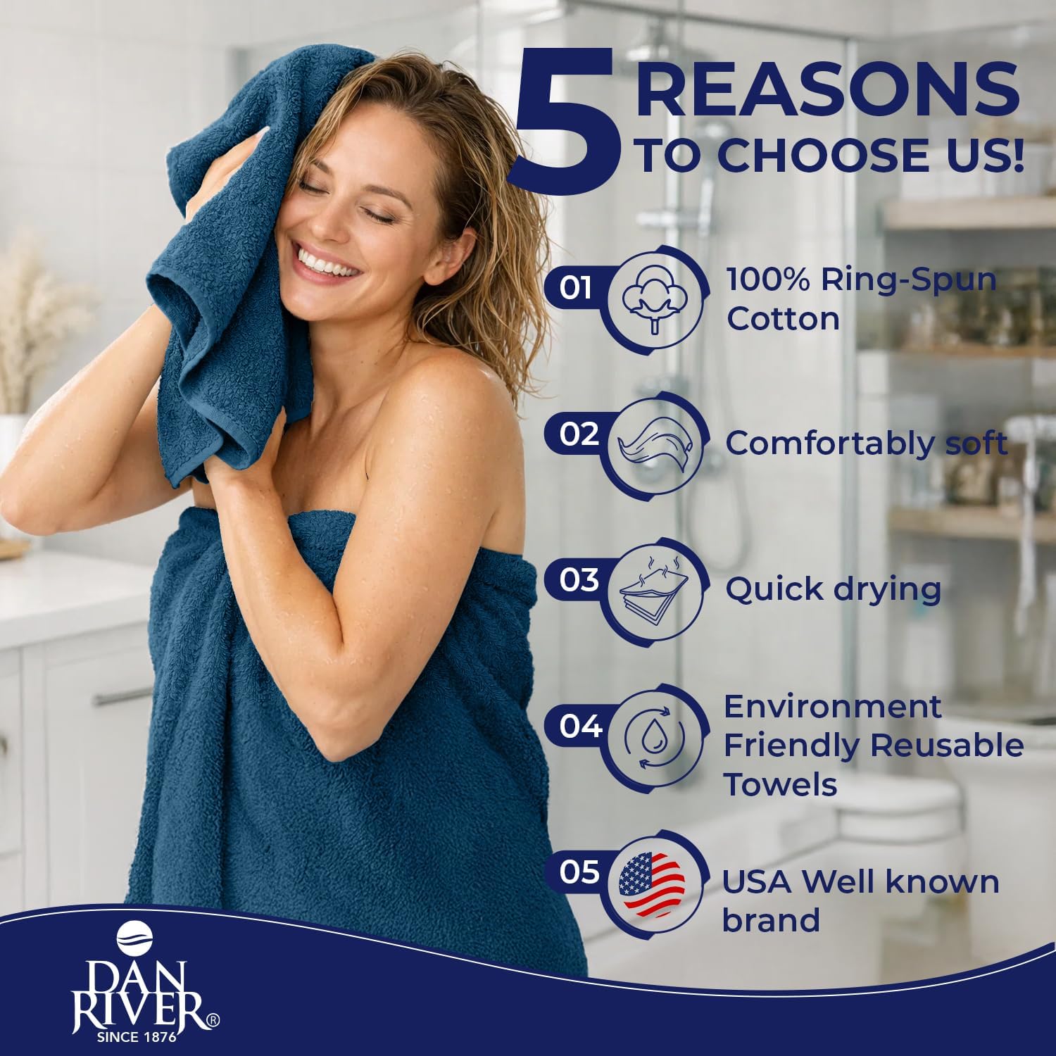 DAN RIVER 8 Piece Luxury Bath Towels for Bathroom, Towel Set, Blue Opal | 2 Bath towels, 2 Hand towels, and 4 Wash