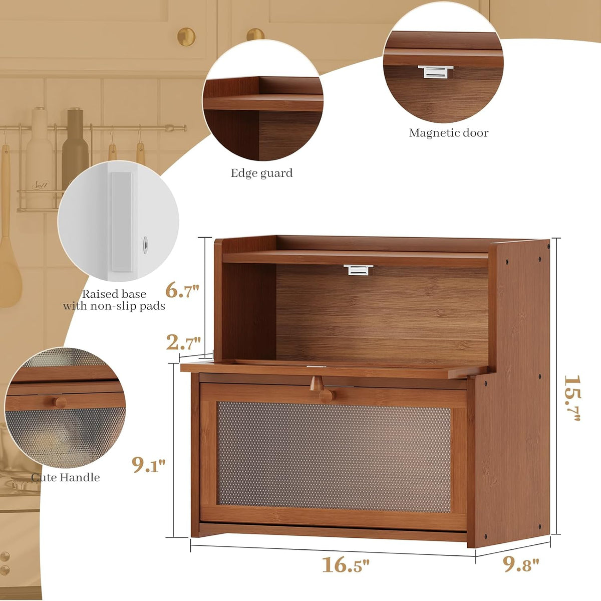 Bread Box for Kitchen Countertop, Large Bamboo Bread Storage Container with Double Layer, Bread Holder for Homemade