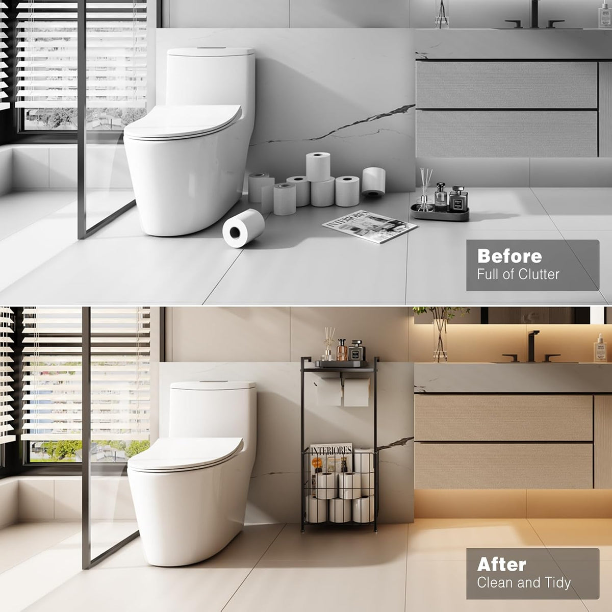 VOLDRA Toilet Paper Holder Stand with Storage Shelf, Free Standing Toilet Paper Roll Holder with Large Basket Heavy