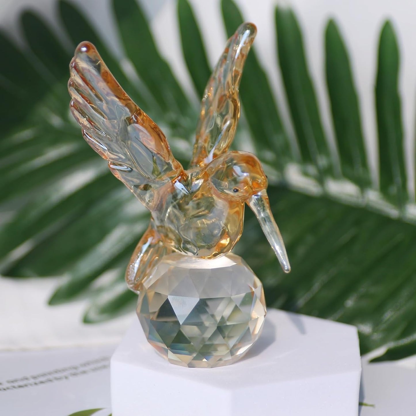 Crystal Glass Hummingbird Figurine Tiny Bird Statue Hand Blown Glass Animal Sculpture / Gold