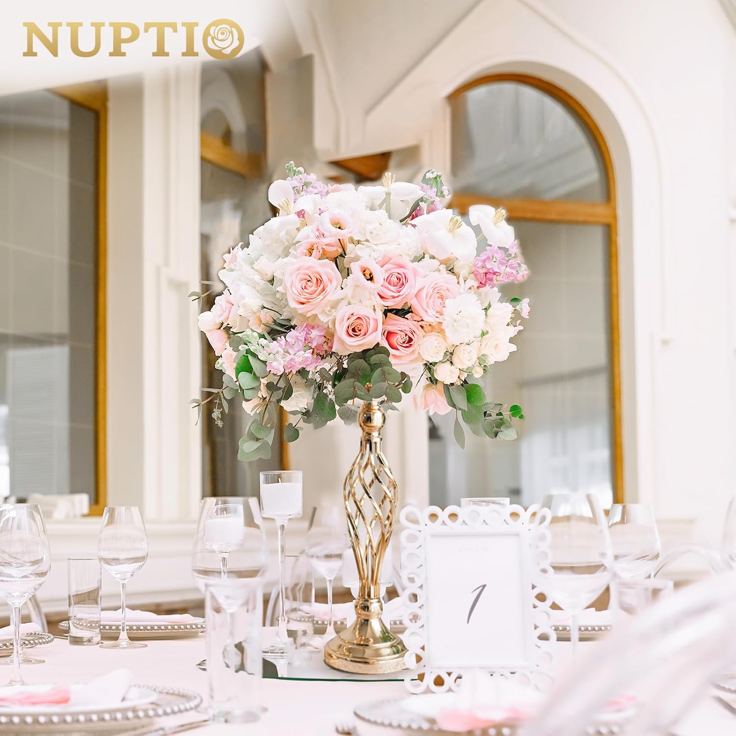 NUPTIO Gold Centerpiece Stand for Table, Twist Style , 17.7" Tall, 10 Pcs | Versatile Flower Arrangement, Candle Holder