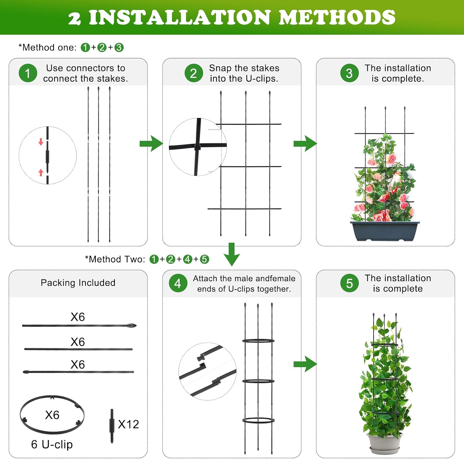 2 Pack Garden Trellis, 2 in 1 Plant Cages & Supports for Vines Crop, Potted/Climbing Plants Indoor Outdoor, Plant Stake