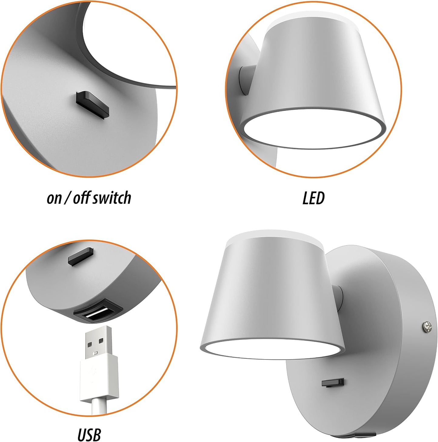 URSOLA Wall Light LED Wall Sconce with On/Off Switch USB Charging Port 110 Volt Hardwired Wall Lamp 350 Rotatable Up