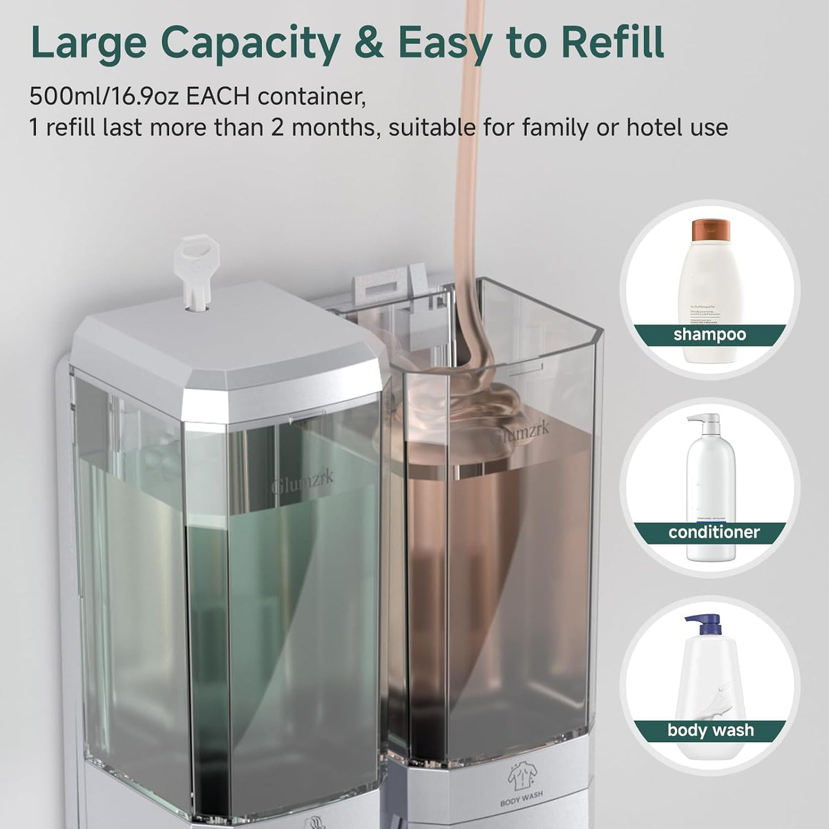 Shampoo and Conditioner Dispenser 2 Chamber No Drill Shower Soap Dispenser Wall Mounted Shampoo Conditioner Body Wash