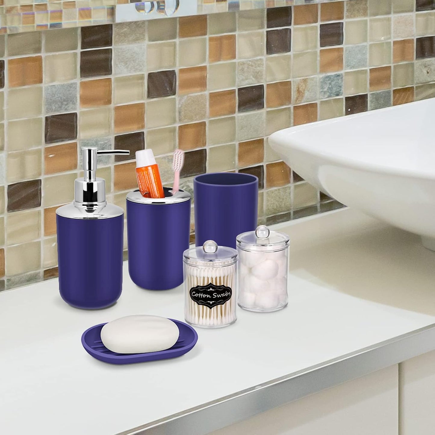 IMAVO Bathroom Accessories Set,Navy Blue Bathroom Set,9 Pieces Bathroom Accessory Set,Tray,Qtip Holders,Toilet