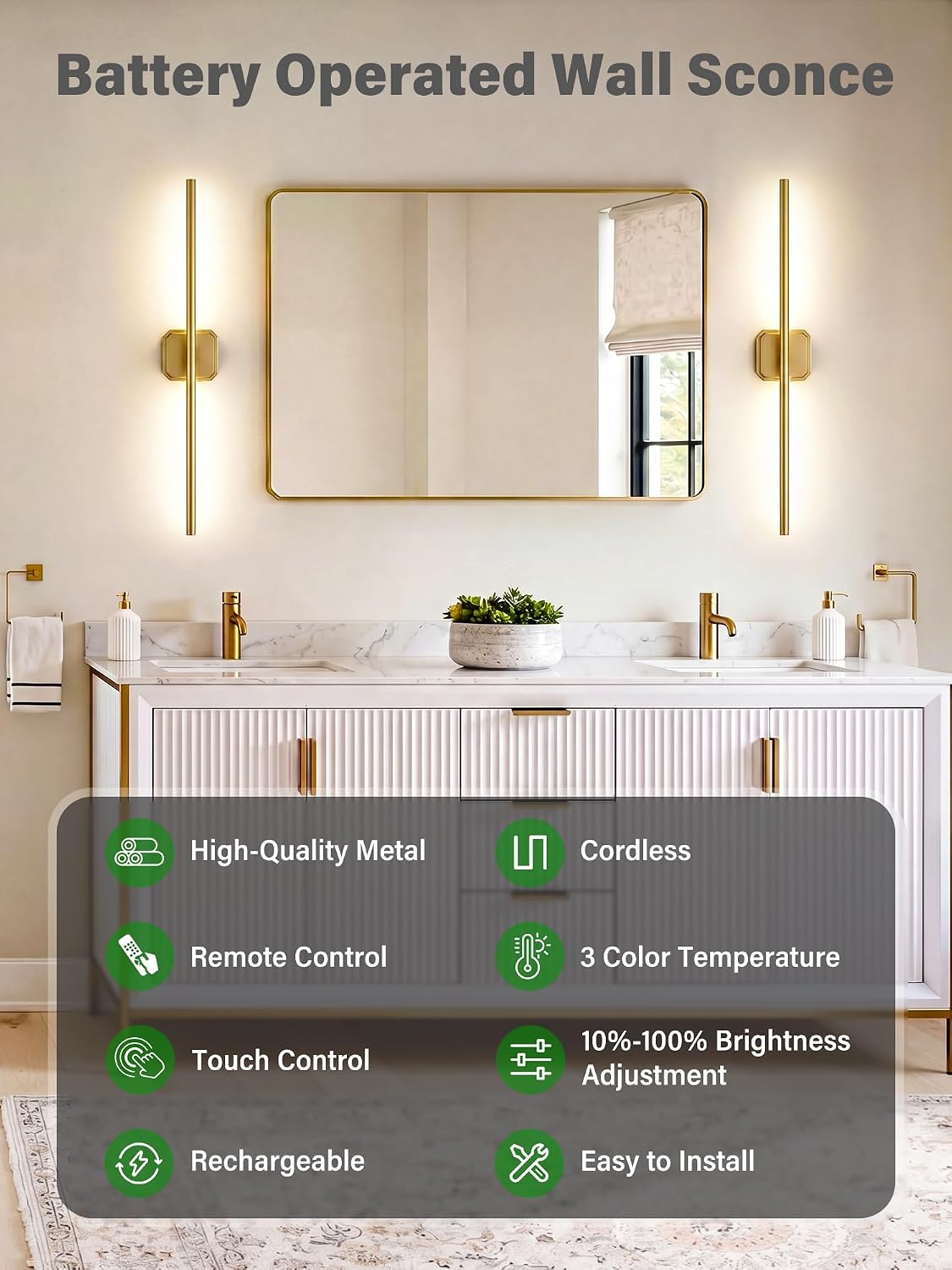 Battery Operated Wall Sconces Set of Two, Wireless Wall Lights Touch & Remote Control Rechargeable LED Wall Lamp