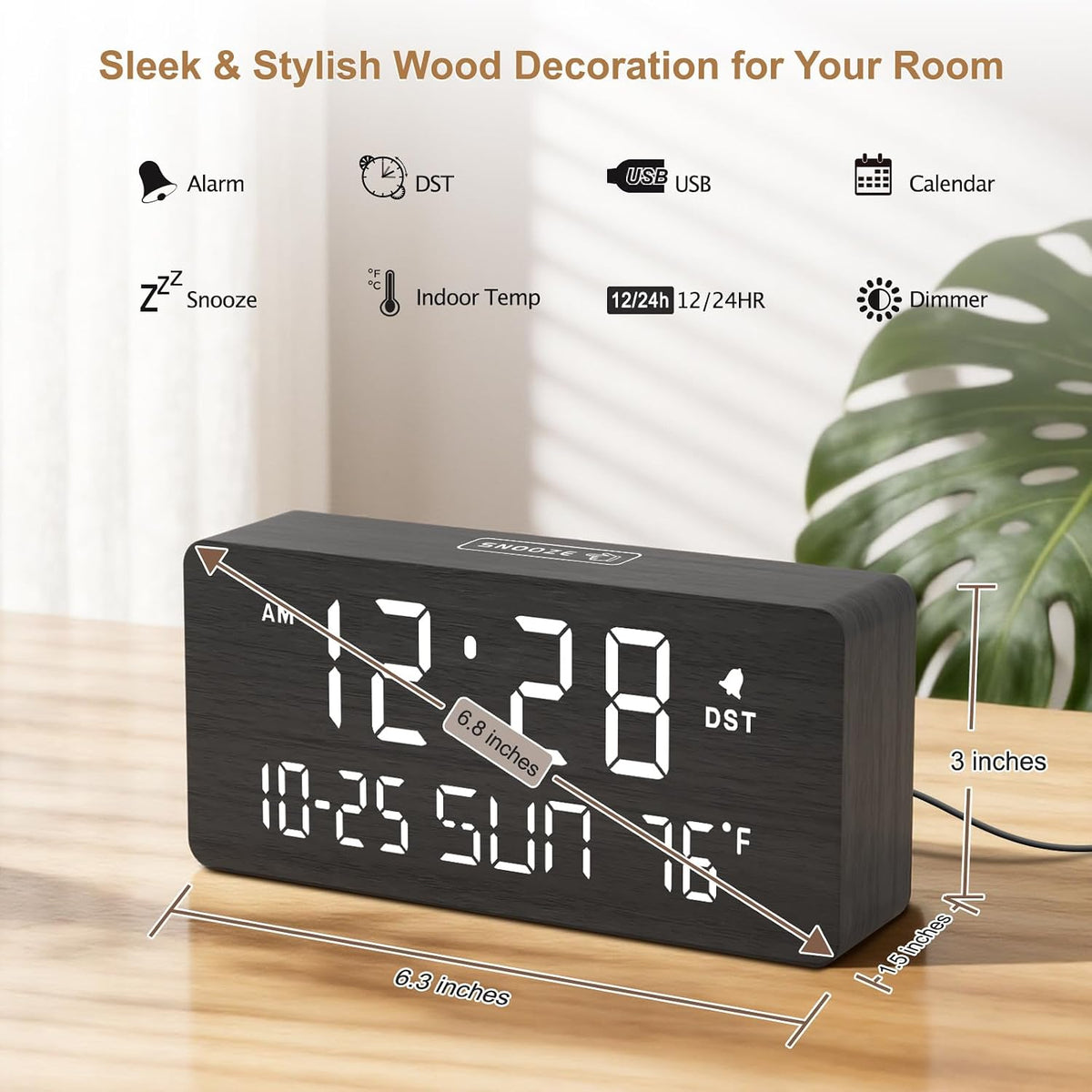 DreamSky Wooden Digital Alarm Clocks for Bedrooms with Date & Day of Week | Living Room Desk Clock, Temperature, USB