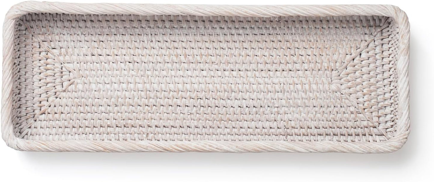 Rattan Bathroom Vanity Trays Toilet Tank Baskets Long Narrow Hand Towel / Whitewash / 16.3 x 6.1 x 2