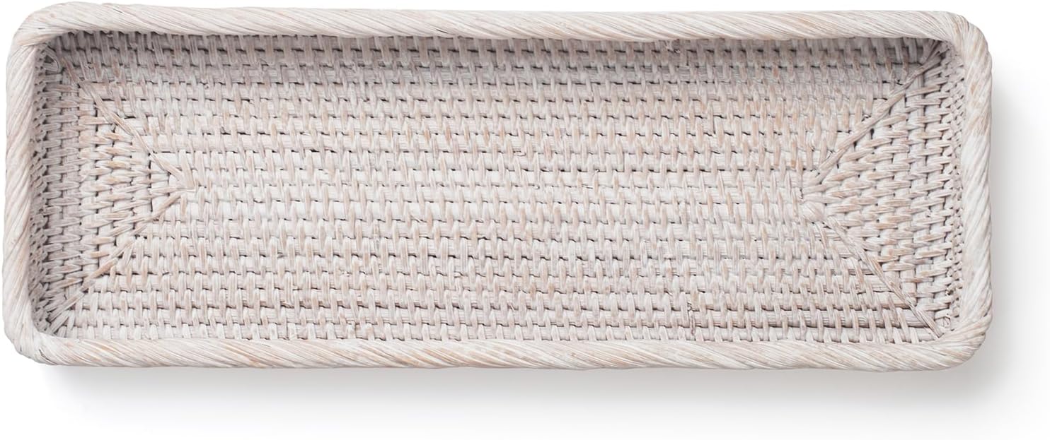 Rattan Bathroom Vanity Trays Toilet Tank Baskets Long Narrow Hand Towel / Whitewash / 16.3 x 6.1 x 2