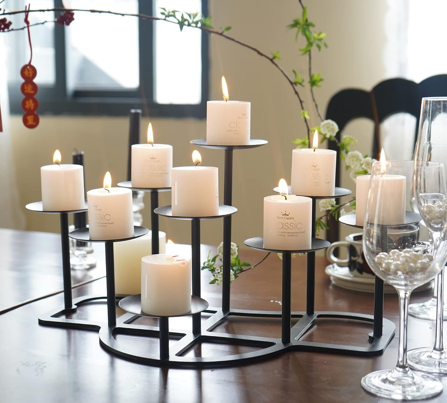 Fireplace Candle Holder 9 Candelabra for Pillar Candles Black Candle Stand Iron Table Centrepiece Mantle Floor Decor