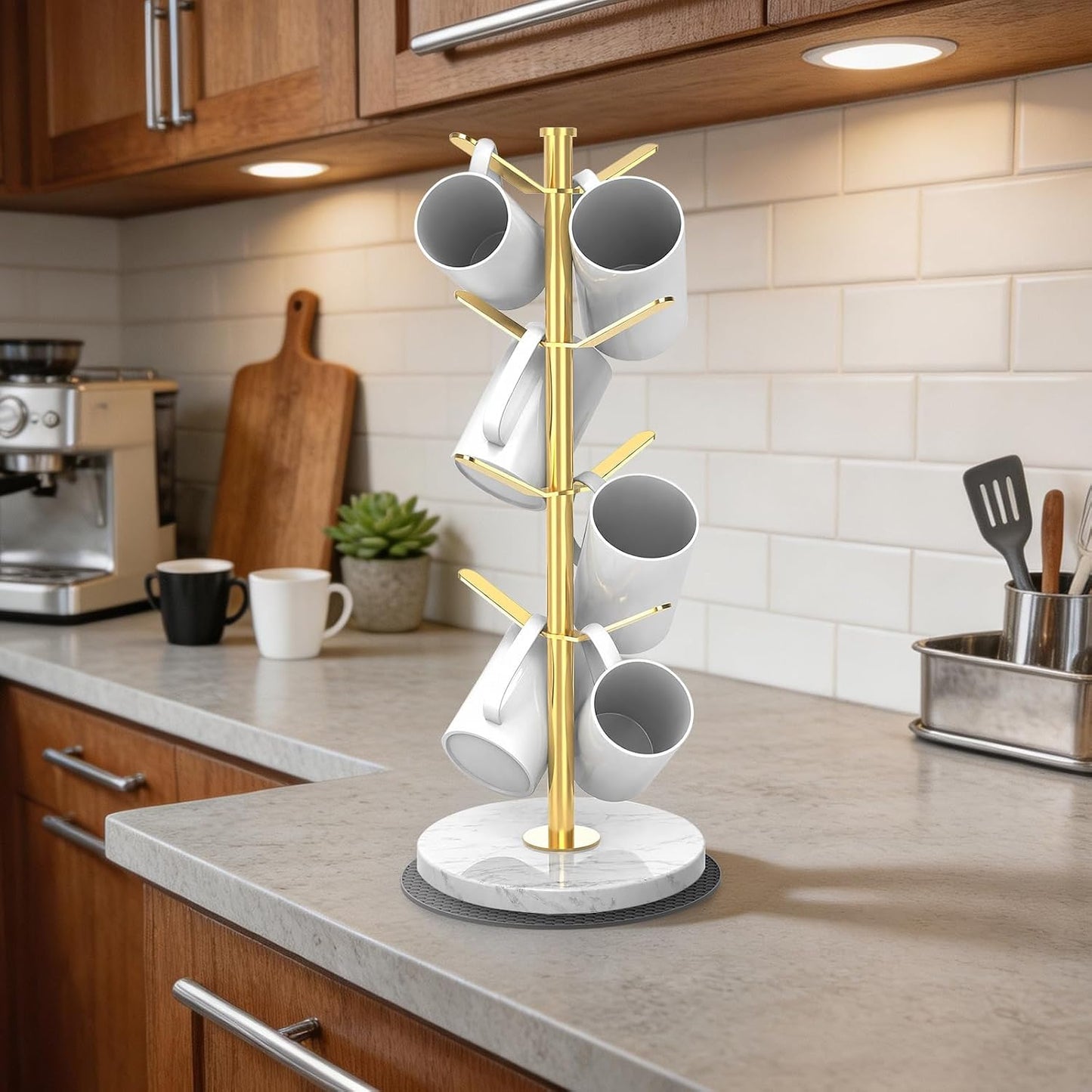 Gold Marble Mug Holder Tree with 2–8 Adjustable Hooks | Detachable Stainless Steel Coffee Cup Stand with Modular Height