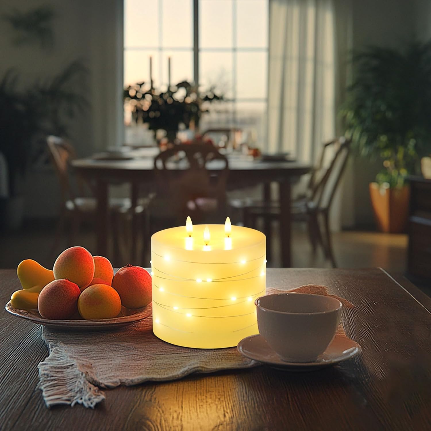 Amagic 3 Wick Extra Large Flameless Candles with Timer Remote, String Light | 6"x6" Real Wax Battery Operated LED