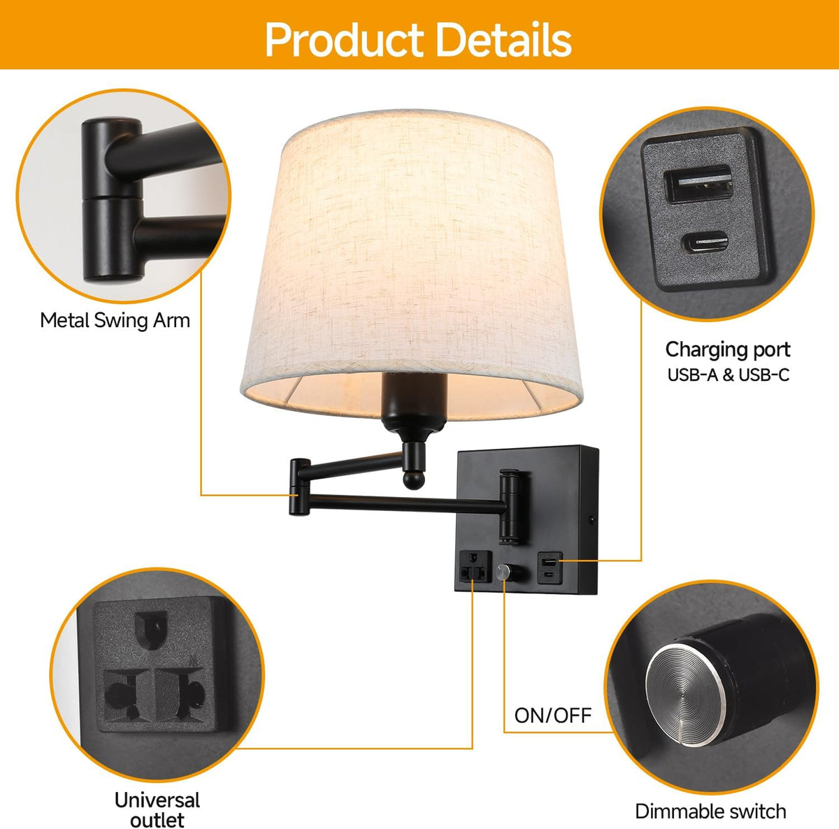 Swing Arm Wall Sconce with Linen Fabric Shade, USB-A & USB-C Charging Ports, Built-in AC Outlet & Rotary Dimmer