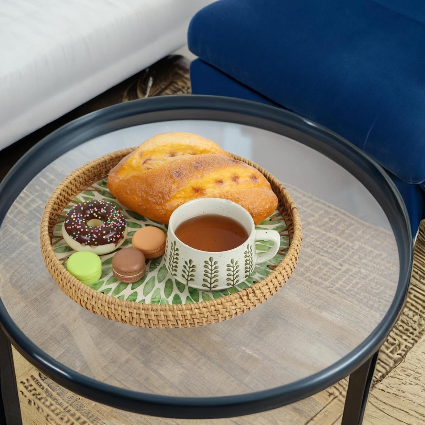 Rattan Tray / Round Serving Trays / Green Leaf / Set of 11